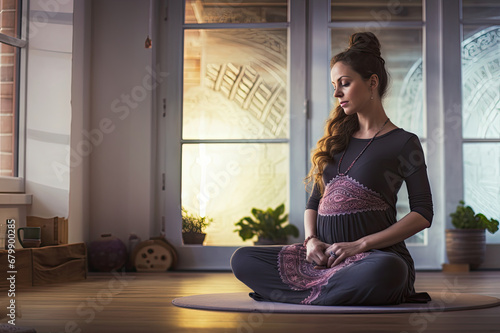 A young pregnant woman does yoga in a yoga studio to prepare for giving birth by breathing