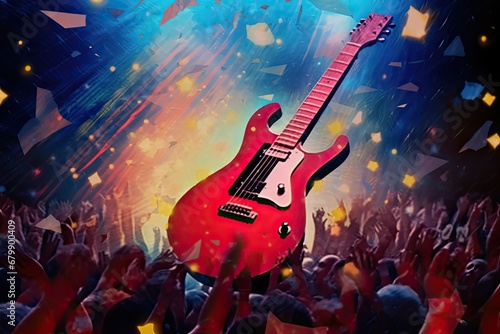 Harmony in Strings, a music poster featuring an electric guitar, fans united by holding hands, and an airbrush art style.