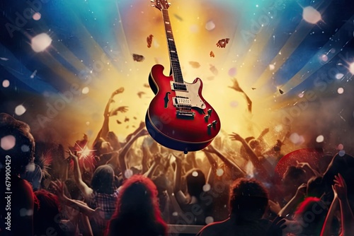 Harmony in Strings, a music poster featuring an electric guitar, fans united by holding hands, and an airbrush art style. photo