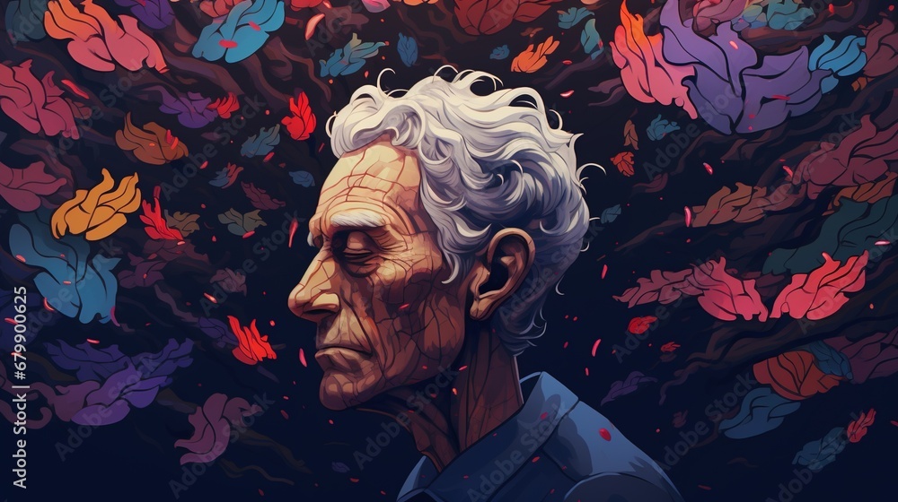 Mental health concept: an illustration of an elderly male portrait ...