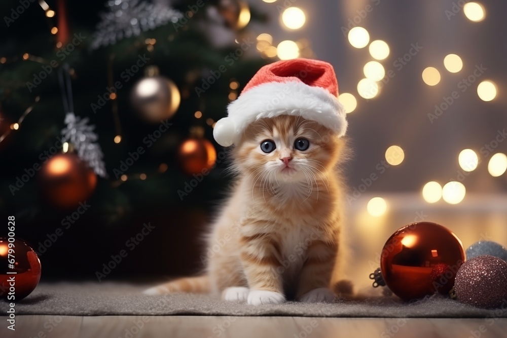 a kitten wearing a santa claus hat under a christmas tree a kitten wearing a santa claus hat under a christmas tree