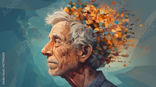 Mental health concept: an illustration of an elderly male portrait symbolizing the complexities of brain function, dementia, and Alzheimer's disease. photo