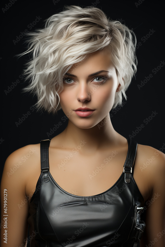 chiaroscuro studio shot of a Swedish woman with very short brush-cut hair, tank top and aluminum dress chiaroscuro studio shot of a Swedish woman with very short brush-cut hair, tank top and aluminum dress