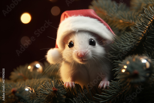 a cute baby mouse wearing a santa claus hat under a christmas tree