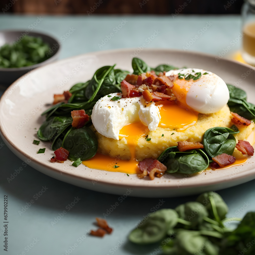 Breakfast Polenta with Poached Eggs, Bacon, Spinach - A Savory Morning Delight Breakfast Polenta with Poached Eggs, Bacon, Spinach - A Savory Morning Delight
