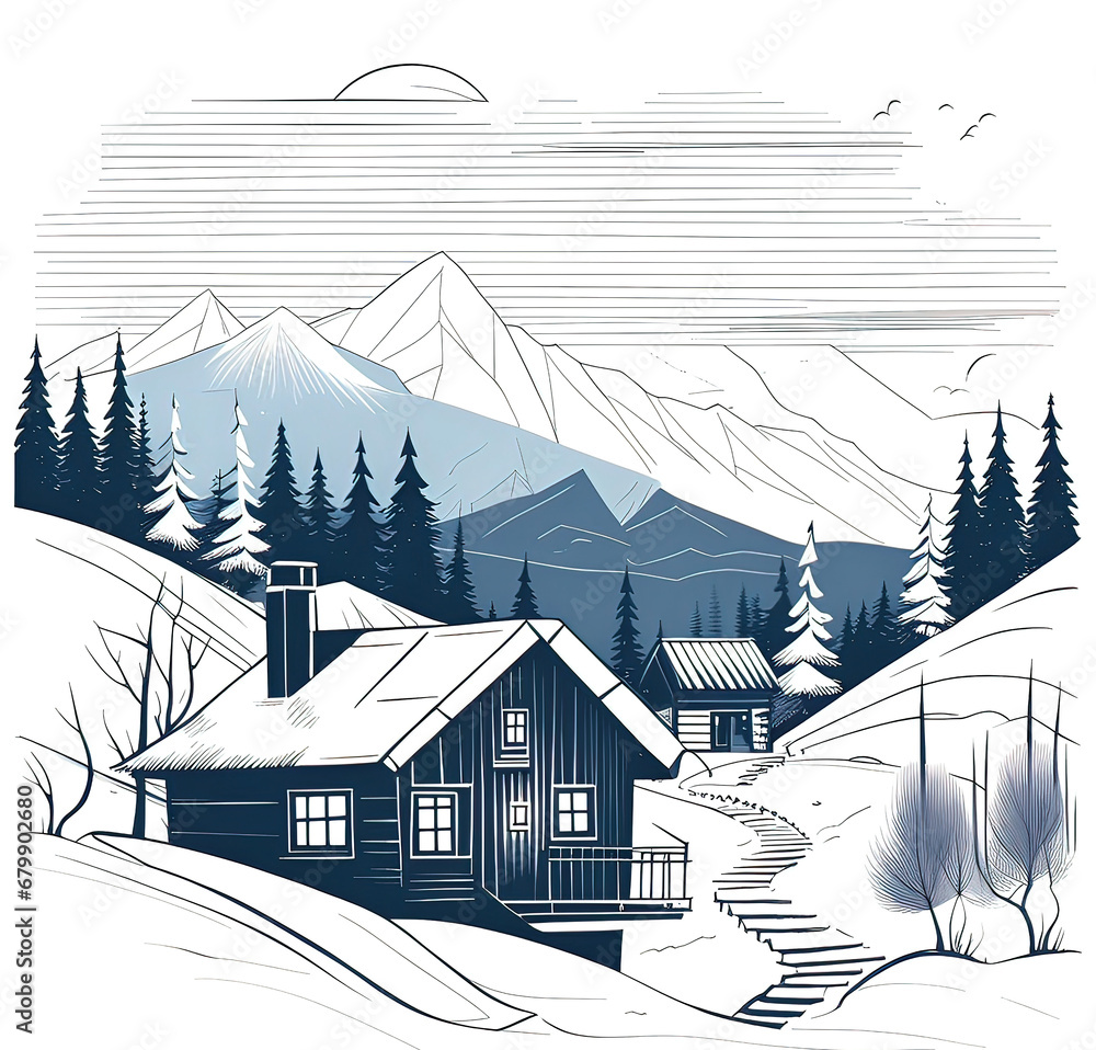 Winter mountain landscape with small cozy house, Vector illustration. beautiful graphic illustration, pop art