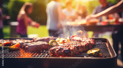 Close-up of a grill on a sunny summer day, with a blurry background of people enjoying a BBQ food party.