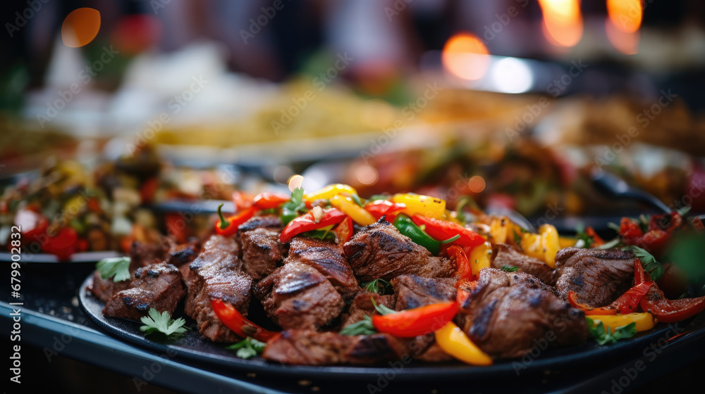 This appetizing image features a plate of perfectly grilled meat, elegantly displayed on a wedding or restaurant buffet, promising a delightful culinary experience for attendees.