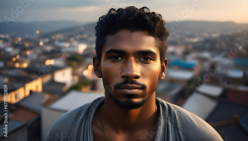 A detailed close-up portrait of a Brazilian man on a favela rooftop. photo