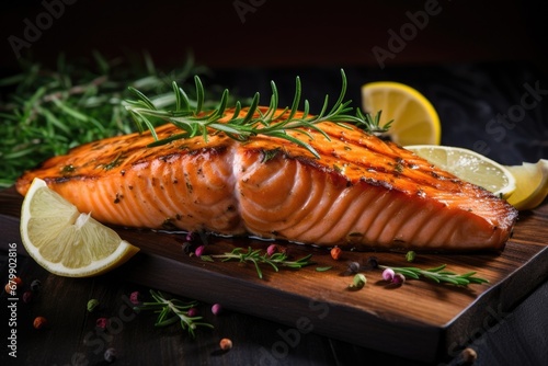 Grilled salmon fillet garnished with rosemary and lemon slices on a wooden cutting board
