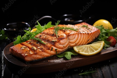 Grilled salmon with lemon and herbs on a wooden board