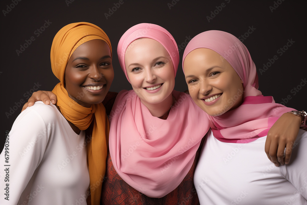 3 bald women. One black, one white and one trans With different colored clothes to show diversity. Pink Gradient.One of them with headscarves. solidarity on National Cancer Combat Day 3 bald women. One black, one white and one trans With different colored clothes to show diversity. Pink Gradient.One of them with headscarves. solidarity on National Cancer Combat Day