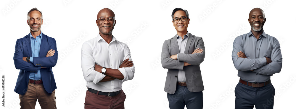 Set of Portrait of a middle aged businessman happy smiling and standing posing arms crossed, isolated on white background, png - obrazy, fototapety, plakaty 