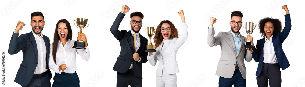 Set of couple young businessman and businesswoman holding a trophy celebrating success business, Standing happy smiling posing, isolated on white background, png - obrazy, fototapety, plakaty 