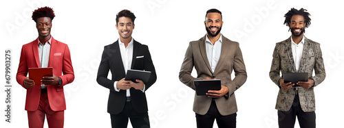 Set of Portrait of young businessman using tablet computer, Standing happy smiling posing, isolated on white background, png