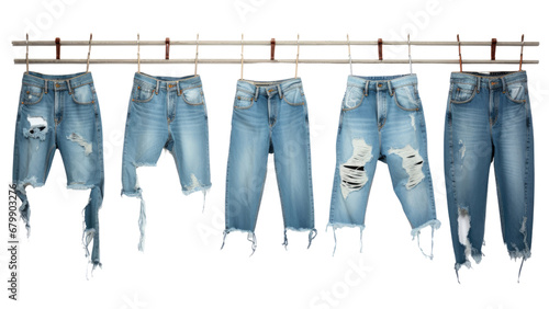 Blue jeans shirt and shorts jeans on hanging and blue torn jeans isolated on transparent background photo
