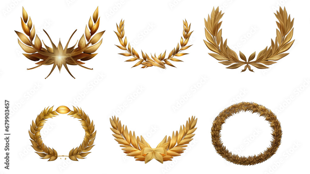 Set of golden ribbons, laurel wreaths of different shapes for winners
