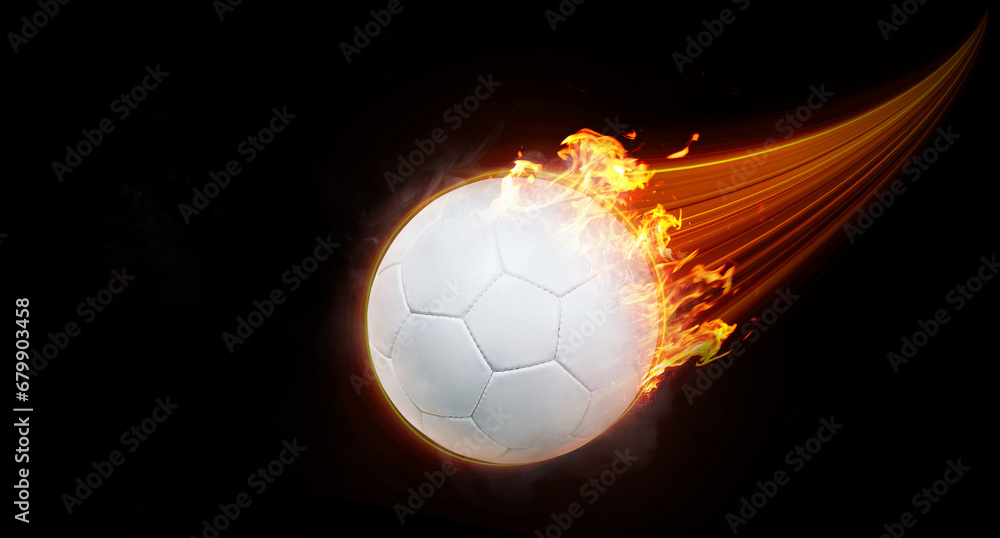 Naklejka premium Soccer ball flies with fast effect in black background.