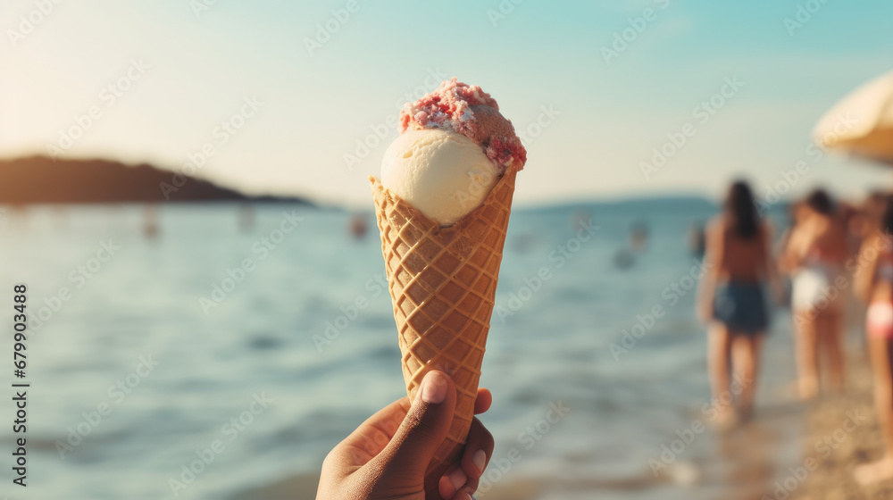 Fototapeta premium This image features an individual enjoying a vanilla gelato on a sunny beach, with family and friends in the background, embodying the essence of a wonderful summer day.