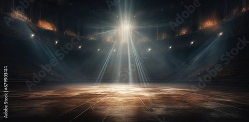 Empty theater with central stage glowing under spotlights