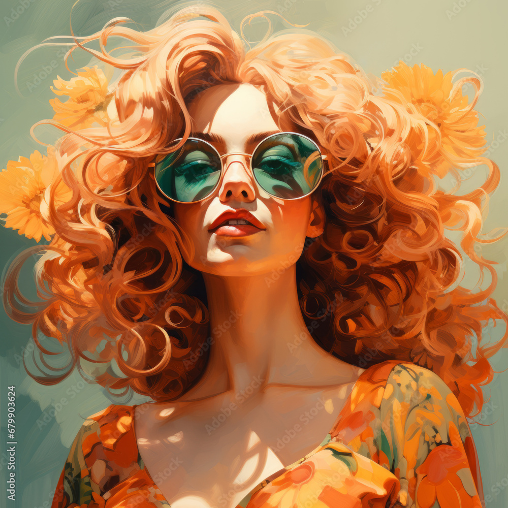 Fototapeta premium A woman in flower print with sunglasses, presented in art digital painting, aesthetic.