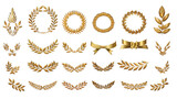 Set of golden ribbons, laurel wreaths of different shapes for winners gold podium 3d realistic luxury leadership award on transparent background, PNG file