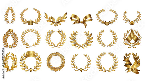 Set of golden ribbons, laurel wreaths of different shapes for winners gold podium 3d realistic luxury leadership award on transparent background, PNG file photo
