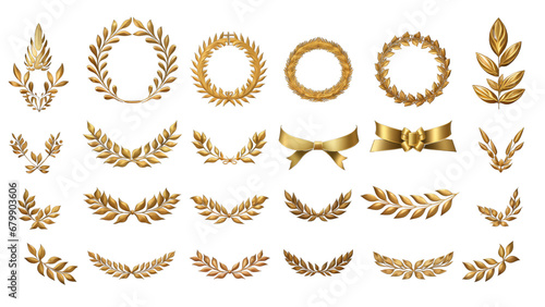 Set of golden ribbons, laurel wreaths of different shapes for winners gold podium 3d realistic luxury leadership award on transparent background, PNG file photo