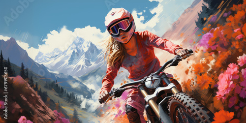 An energetic woman with a helmet riding her bike against a stunning mountain backdrop, with vivid, rich colors bringing nature to life in a close-up view. photo