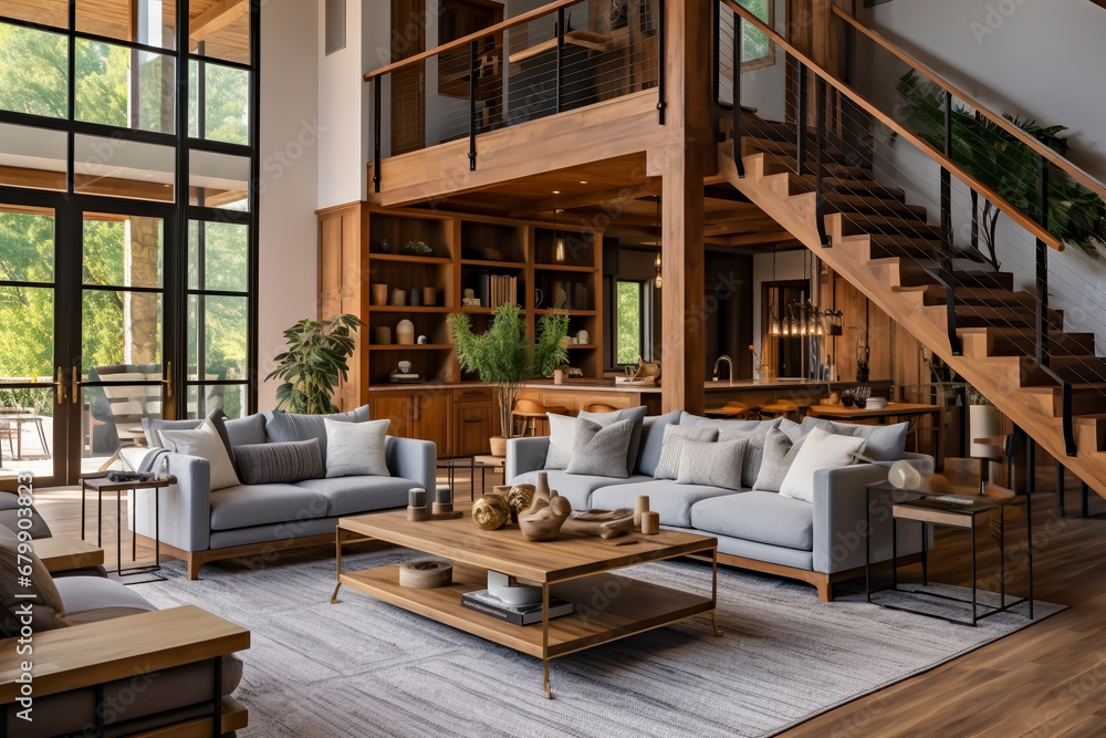 Stylish open plan country living room area with sofas and an industrial style coffee table with solid oak staircase classic interior room design Stylish open plan country living room area with sofas and an industrial style coffee table with solid oak staircase classic interior room design
