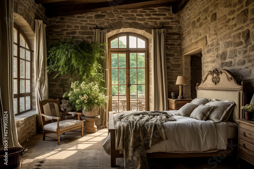 Converted castle bedroom with double bed carved head stead natural brick walls and wood beam ceiling rustic interior bedroom design photo
