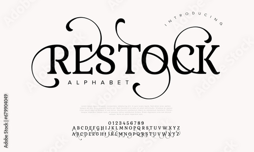 Restock premium luxury elegant alphabet letters and numbers. Elegant wedding typography classic serif font decorative vintage retro. Creative vector illustration