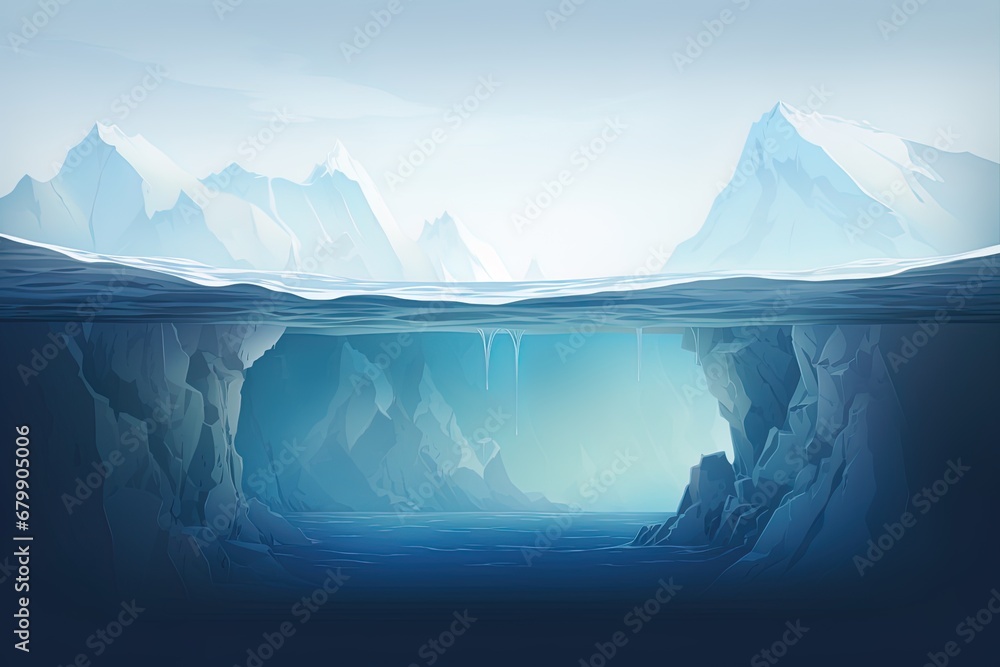 iceberg underwater illustration concept, backdrop, game background, character placement
