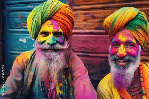 Two harpy's man on the streets of India Dressed in traditional costume Full colors © Henrry L