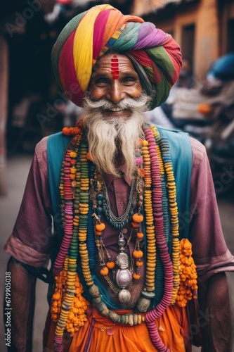 Great Portrait of happy man on the streets of India Dressed in traditional costume