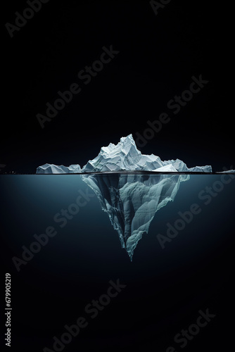 Iceberg isolated on black background,  Hidden Danger And Global Warming Concept, nature magazine illustration. Above and below water. Water line. Copy space.