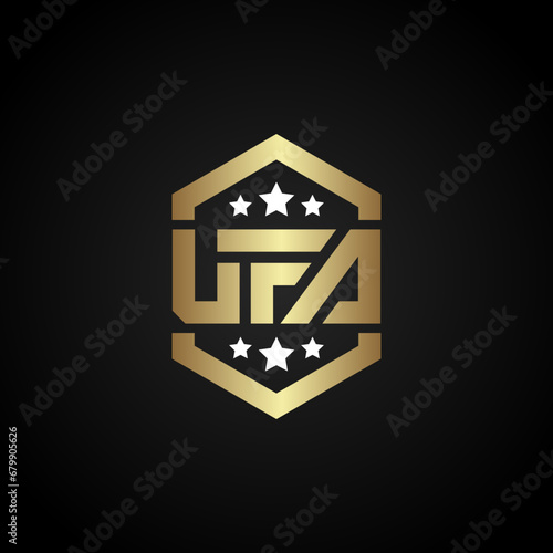 The UFA letter logo in gold on a black background, this logo can also be applied as an emblem.