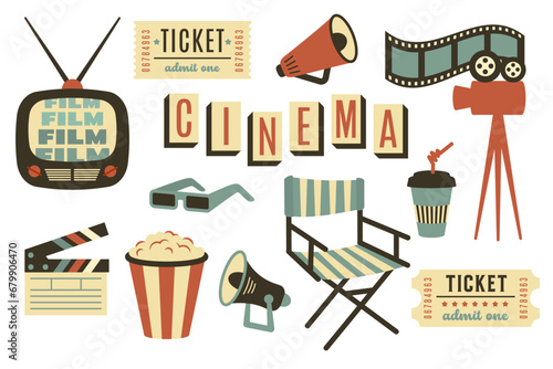 Set of old vintage cinema equipment with various cinematic elements. Doodle handdrawn cinematographic objects in retro style. Cinematography industry, video production, movie. Vector flat illustration
