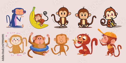 Set of funny monkey cartoon character wildlife animal collection vector illustration design.