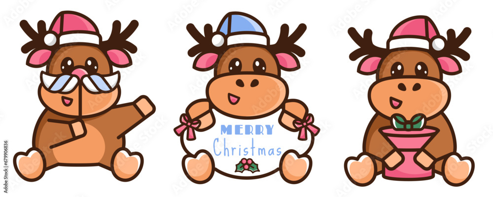 New Year color line icons. Set of Christmas reindeers. Cartoon funny deers in santa hat with festive banner, presents, santa mustache. Hand drawn doodle elements. Christmas stickers. Vector New Year color line icons. Set of Christmas reindeers. Cartoon funny deers in santa hat with festive banner, presents, santa mustache. Hand drawn doodle elements. Christmas stickers. Vector