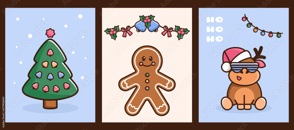 Christmas greeting cards set. New year background with cartoon Doodle characters. Christmas tree, jingle bells, reindeer in santa hat and glasses, traditional festive biscuit. Vector illustration Christmas greeting cards set. New year background with cartoon Doodle characters. Christmas tree, jingle bells, reindeer in santa hat and glasses, traditional festive biscuit. Vector illustration