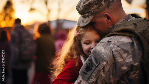 Soldier holding his daughter after returning from service.