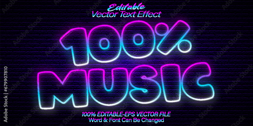 100% Music Vector Text Effect Editable Alphabet Neon Light Glow Colorful Bright
