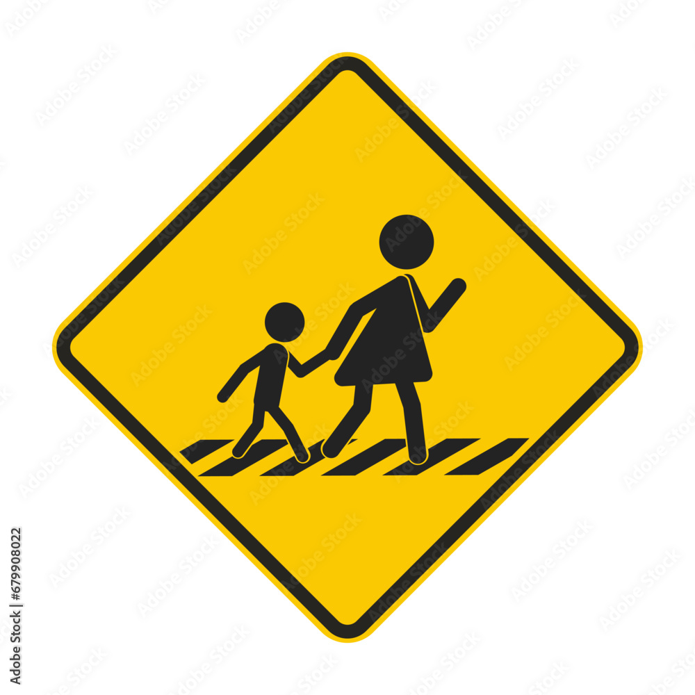 Isolated yellow rectangle sign of mother and children walking on walk lane, for cross walk of pedestrian walkway line Isolated yellow rectangle sign of mother and children walking on walk lane, for cross walk of pedestrian walkway line