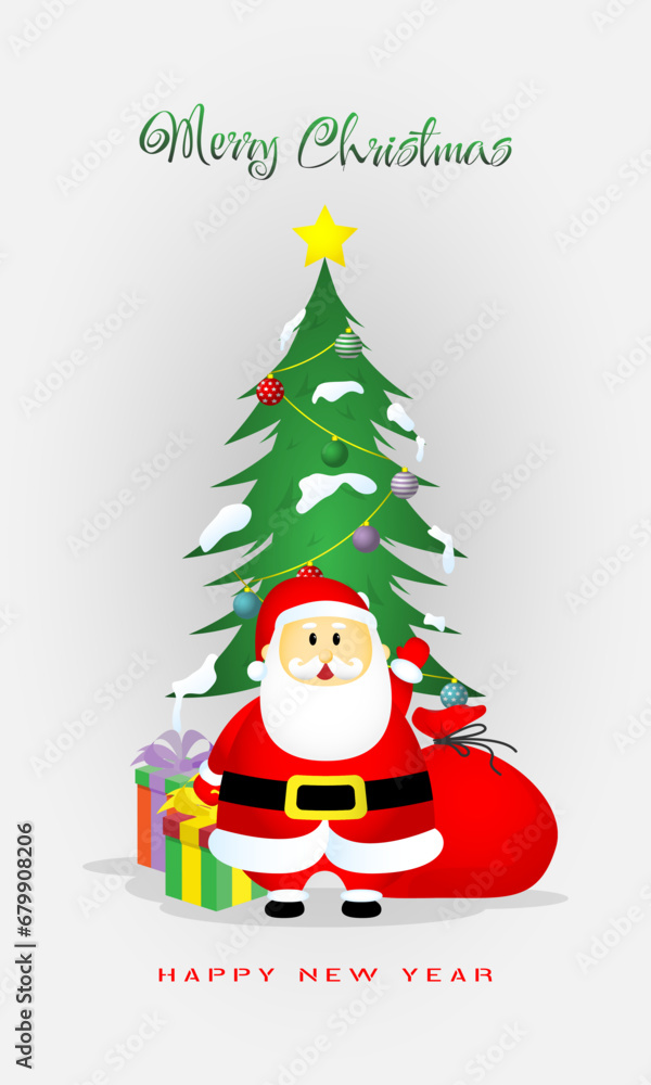 Merry Christmas and New Year poster with Santa Claus standing in front of the Christmas tree Merry Christmas and New Year poster with Santa Claus standing in front of the Christmas tree