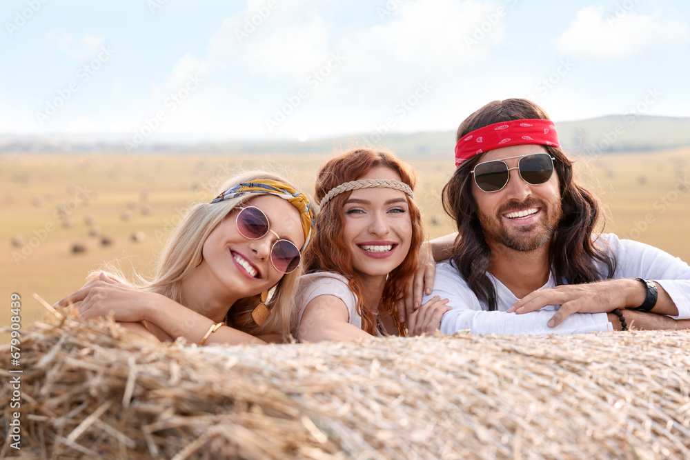 Happy hippie friends near hay bale in field Happy hippie friends near hay bale in field