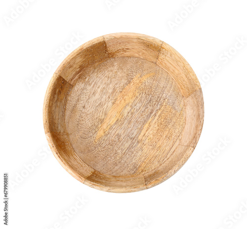 One wooden bowl isolated on white, top view. Cooking utensil