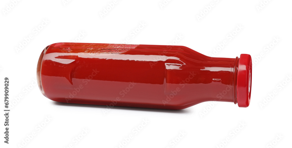 Glass bottle of tasty ketchup isolated on white Glass bottle of tasty ketchup isolated on white