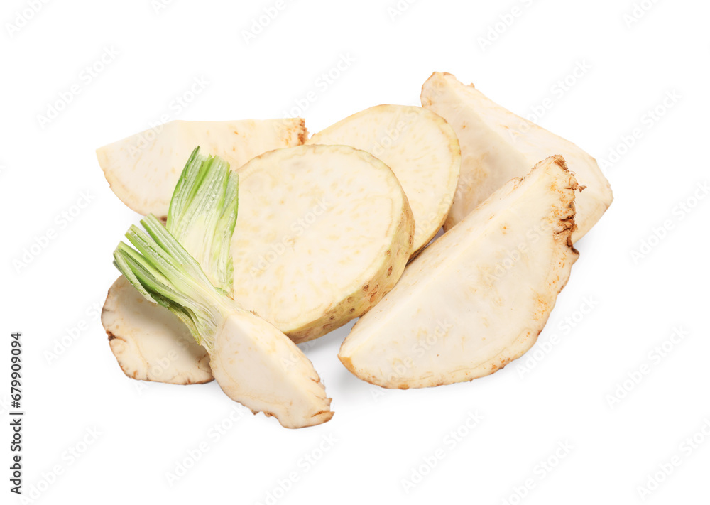Cut fresh celery roots isolated on white Cut fresh celery roots isolated on white