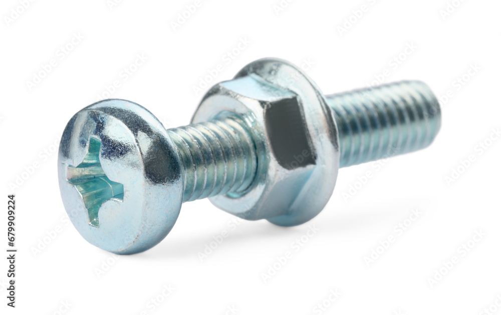 One metal screw with nut isolated on white One metal screw with nut isolated on white